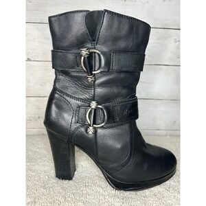 Harley Davidson Black Leather Heeled Moto Boots D84518 Womens 7.5 Platform Zip